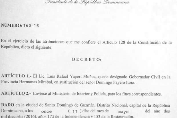 Decreto destitucion Gobernador Hermanas Mirabal